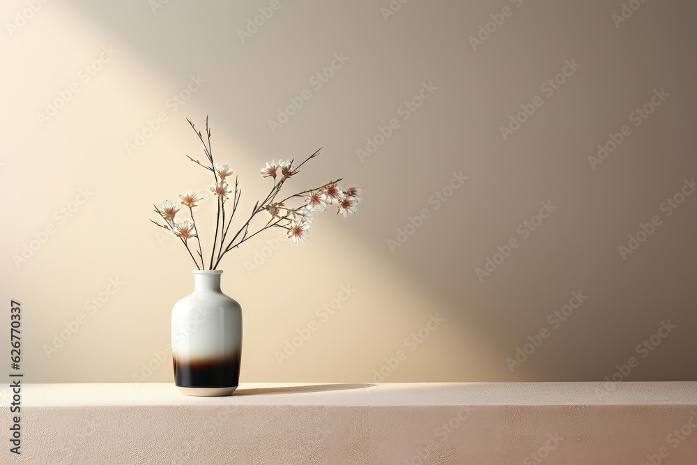 A vase containing white flowers adding a touch of beauty to the simplicity of the off-white wall. Photorealistic illustration