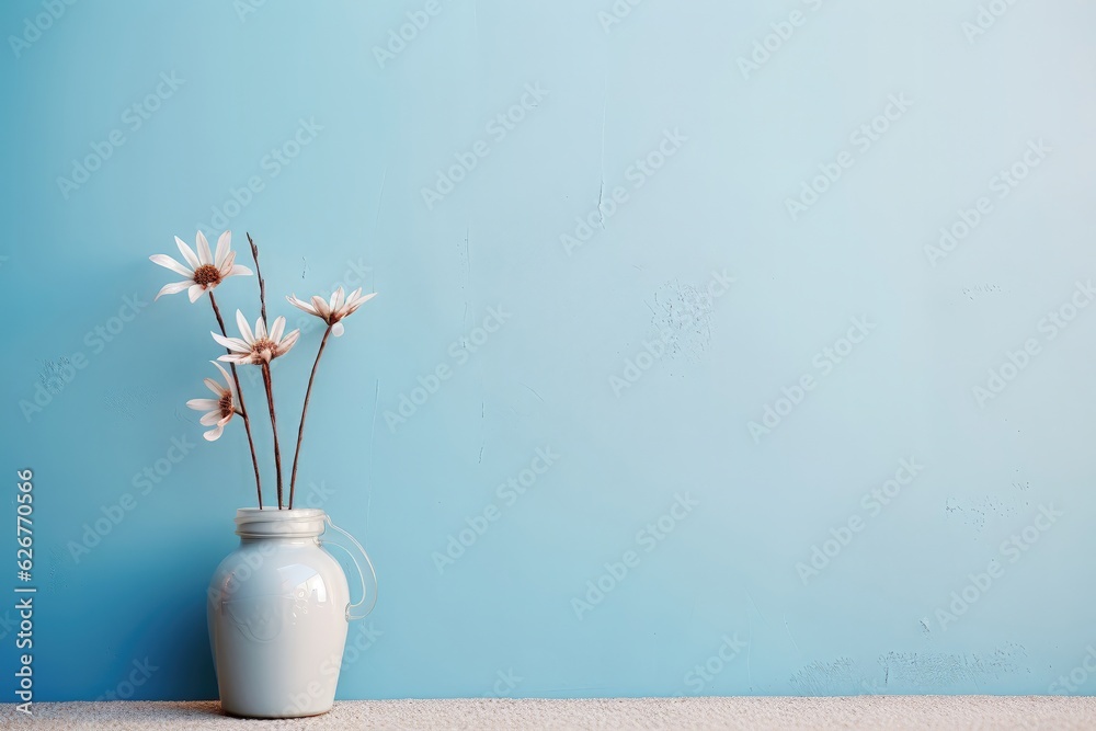 An arrangement of white wildflowers adorned with a white vase, harmonizing with the serene light blue wall backdrop. Photorealistic illustration An arrangement of white wildflowers adorned with a white vase, harmonizing with the serene light blue wall backdrop. Photorealistic illustration