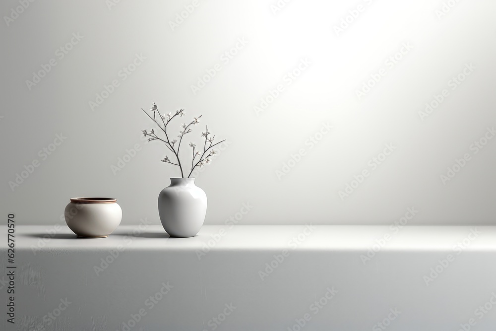 A white flower vase standing against the backdrop of a plain white wall, creating a simple and minimalist aesthetic. Photorealistic illustration A white flower vase standing against the backdrop of a plain white wall, creating a simple and minimalist aesthetic. Photorealistic illustration