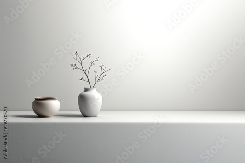 A white flower vase standing against the backdrop of a plain white wall, creating a simple and minimalist aesthetic. Photorealistic illustration