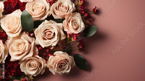 Elegant Flat Lay Delicate Roses on Soothing Beige Background © Usablestores