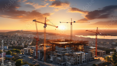 Lots of tower cranes build large residential buildings at sunset.generative ai photo