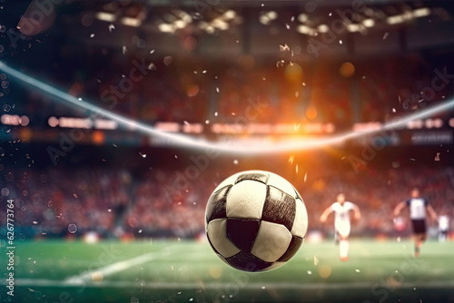 Soccer ball hit the net, goal, in stadium light, supporters in the background © JKLoma