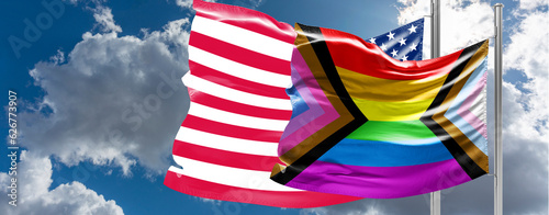 Bi Inclusive Unity flag waving in the wind at cloudy sky. Freedom and love concept. Pride month. activism, community and freedom Concept. Copy space