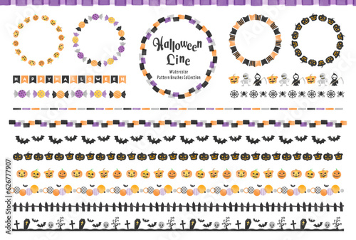 ハロウィンの水彩風ラインセット / パターンブラシ有り / 飾り罫、線、イラスト、あしらい、フレーム、素材、10月、カボチャ、秋