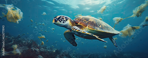 Plastic pollution in ocean with turles. Turtle eat a plastic waste.