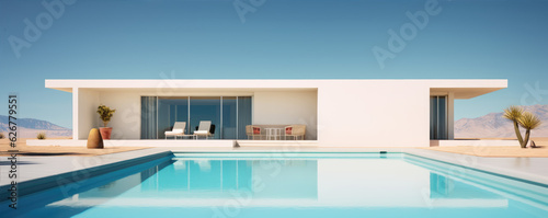 Modern clean minimalistic house with swimming pool and blue sky in summer day. Vacation best property. © amazingfotommm