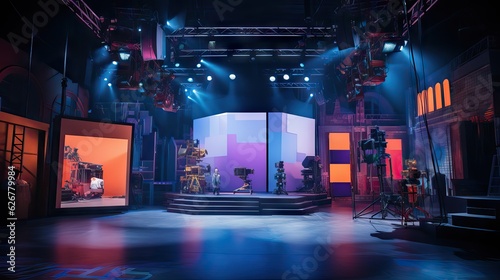 An engaging television set filled with bright lights  captivating decorations  and exciting stage elements. Generative AI