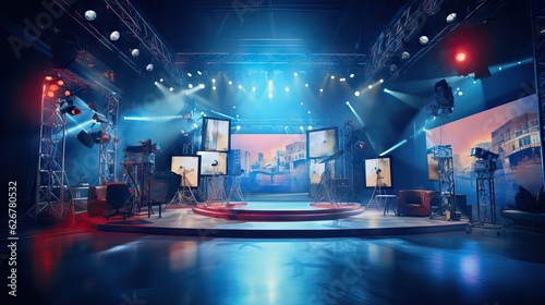 An engaging television set filled with bright lights, captivating decorations, and exciting stage elements. Generative AI