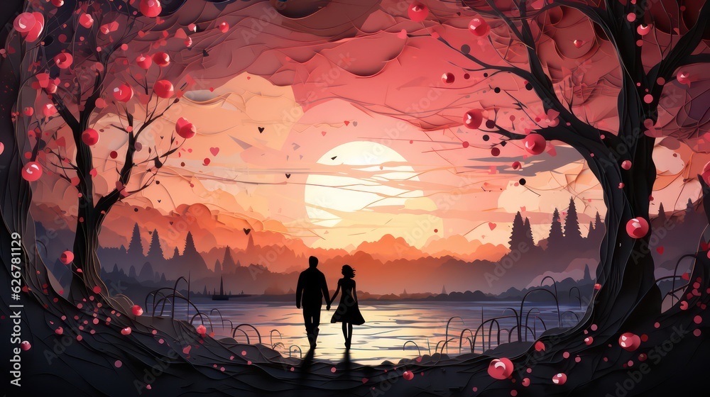 Valentines Day Banner with Couple Holding Hands in Park Filled with Flowers and Heart Balloons