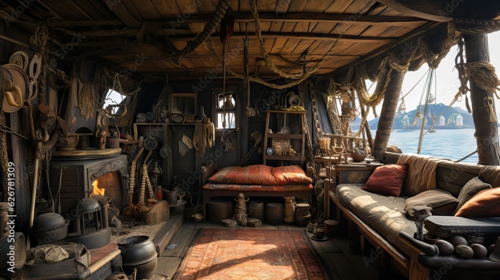 The rustic yet commanding cabin of a pirate ship's captain, filled with maritime intrigue. Generative AI The rustic yet commanding cabin of a pirate ship's captain, filled with maritime intrigue. Generative AI