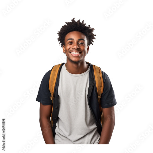 cute black student Successful smile on transparent background (png).