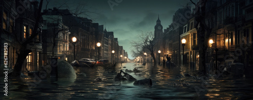 Extreme rainfall concept. Flood with high water disaster in city, flooding houses and rising water.