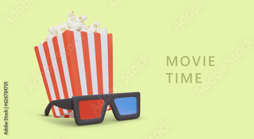 Movie time. Concept of watching movies in comfortable conditions. Favorite snacks for cinema. Commercial banner with realistic illustration, place for announcement, invitation, promotion