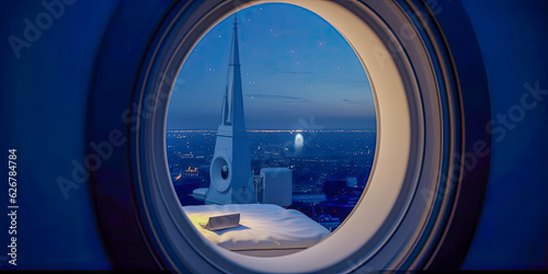 Airplane seat with a great view from the window - Generative AI