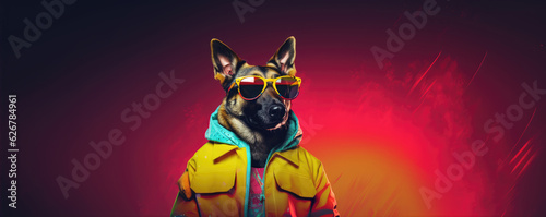 Cool looking dog wearing funky fashion, tie, glasses. wide banner