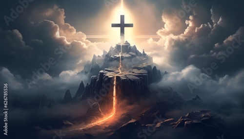 Majestic Cross on Mountain Peak with Heavenly Clouds, Generative AI © ParinApril