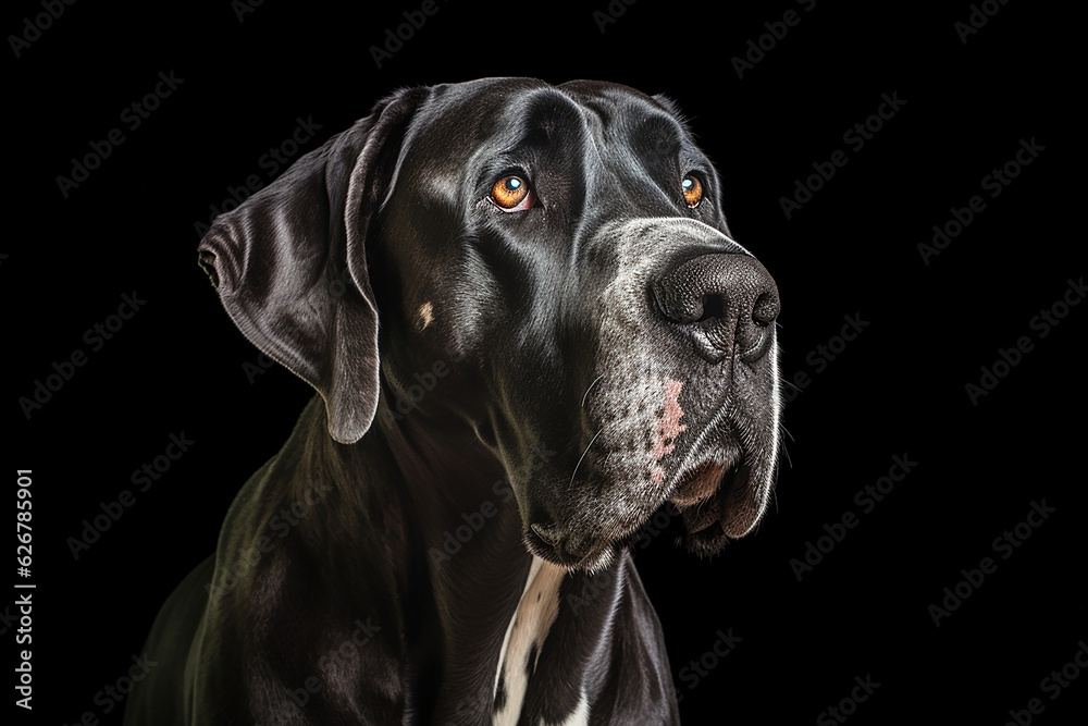 portrait of a great Dane dog with black background