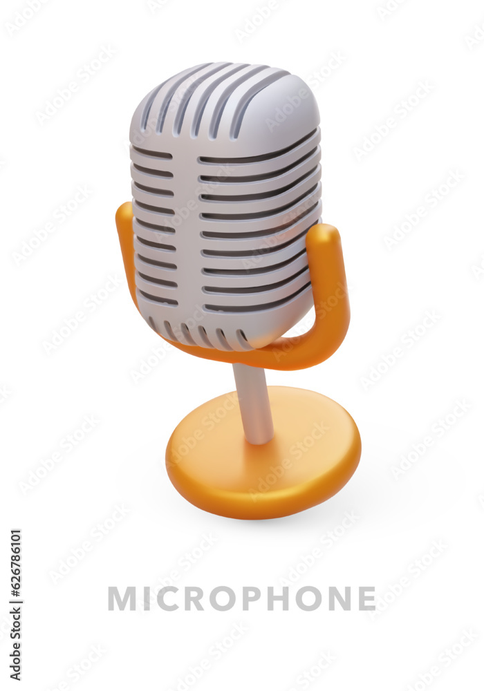 Metal retro microphone on white background. Realistic equipment for singers, radio presenters. Vintage karaoke mic on stand. Colored image in cartoon style Metal retro microphone on white background. Realistic equipment for singers, radio presenters. Vintage karaoke mic on stand. Colored image in cartoon style