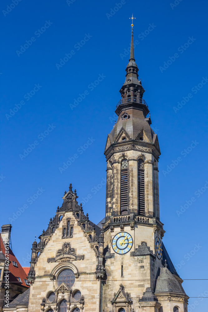 Tower of the historic reformed church in Leipzig, Germany