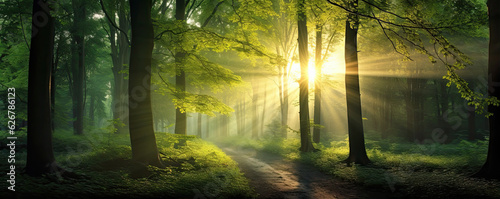 Beautiful rays of sun light in green magic forest. copy space for text.