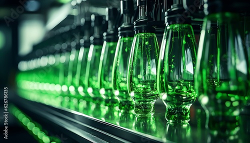 Line of Liquid Bottles Standing Behind a Machine - Industrial Manufacturing Concept  Generative AI
