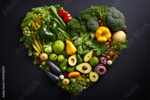 Heart shaped fruits and vegetables. Generative AI.