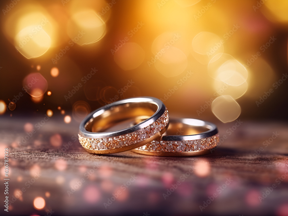 Diamond Gold Silver wedding rings Bokeh Glitter background Diamond Gold Silver wedding rings Bokeh Glitter background