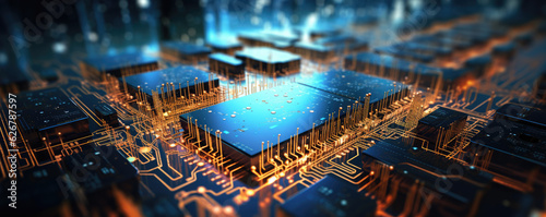 Detail of an electrical circuit board or micro chip with a CPU. wide banner