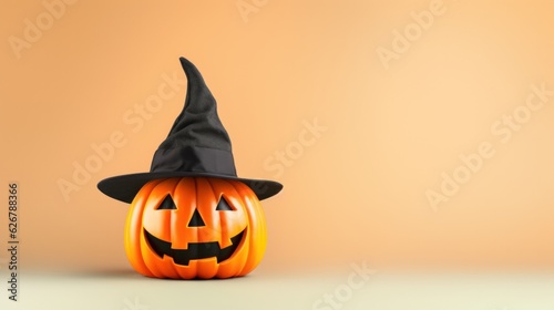 Cute Halloween carved pumpkin with witch hat on orange background.