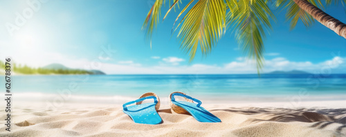 Summer holiday bacground with flip flops on sunny beach and green plams  copy space for text.