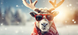 Merry Christmas holiday vacation winter background greeting card - Cool Santa Claus reindeer with sunglasses, winter landscape, snowflakes and sun bokeh light (Generative Ai)