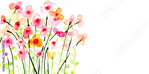 Banner con allegri fiorellini colorati , bouquet di fiori di campo, acquerello isolato su sfondo bianco