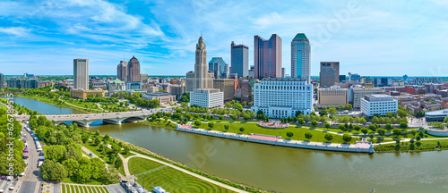 Panorama both sides of Scioto river next to heart of downtown Columbus Ohio aerial