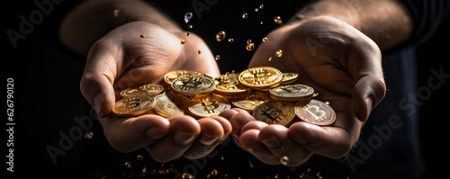 Bitcoin gold coins in hands with black background. wide banner photo