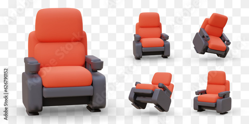 3D red and black cinema chair. Movie theater furniture with armrests, holders for glasses and snacks. Comfortable rest with watching movie. Set of vector images from different sides