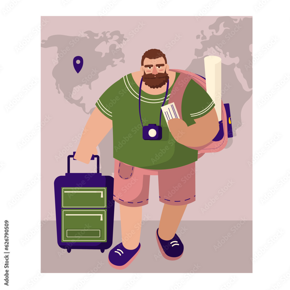 Male holding ticket and trolley bag, waiting for plane. Tourists visiting locations, traveling aboard. Time to travel. Flat vector illustration in cartoon style