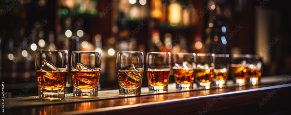 Whiskey glasses in row at wooden bar in pup or restaurant. Whiskey glasses in row at wooden bar in pup or restaurant.