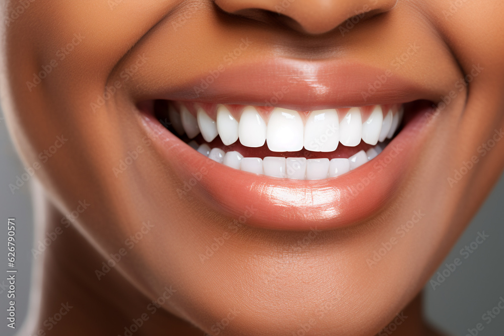 Close up of black woman perfect white theeth smile, dentist clinic advertisement Close up of black woman perfect white theeth smile, dentist clinic advertisement