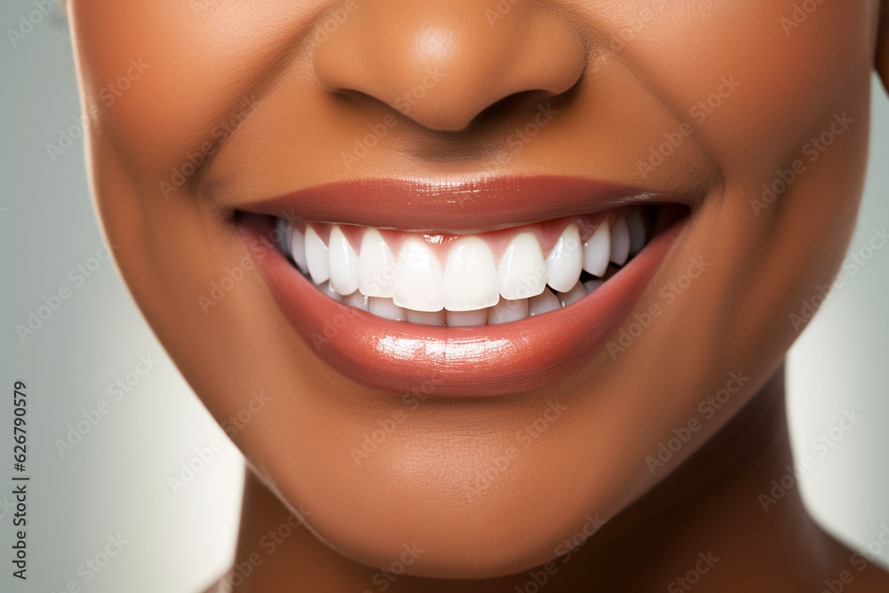 Close up of black woman perfect white theeth smile, dentist clinic advertisement Close up of black woman perfect white theeth smile, dentist clinic advertisement