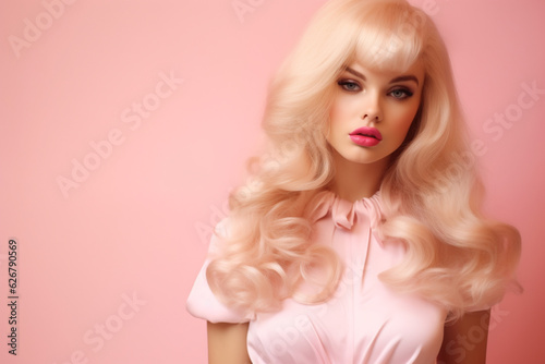blond doll like woman on a pastel pink background