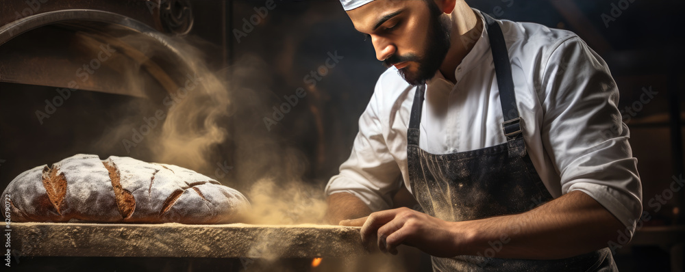 Baker in uniform holding near shelves on the background bakery Baker in uniform holding near shelves on the background bakery