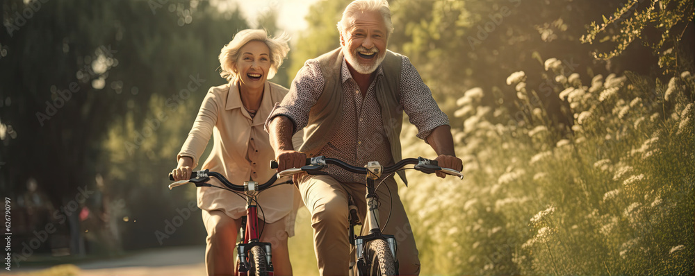Happy older couple cycling or ride at par and smile - obrazy, fototapety, plakaty 