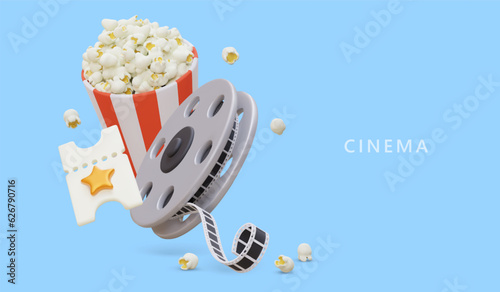 Cinema advertising poster. Screening of retro films. Unique event. Cinema festival, movie night, premiere. Template with vintage reel, popcorn bucket, ticket