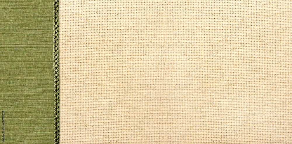 Fototapeta premium Horizontal or vertical background with beige and green canvas texture. Natural linen texture backdrop