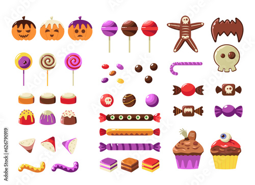 Halloween desserts. Colorful trick or treat sweets for kids, cartoon candy bar decorated with scary elements for traditional October party. Vector set
