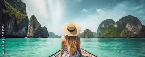 Rear view of young girl with hat and summer dres sitting on boat. copy space for text.