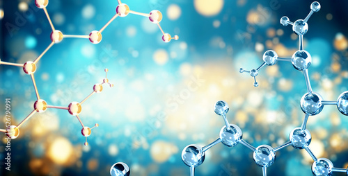 Horizontal banner with model of abstract molecular structure. Background of blue color with glass atom model