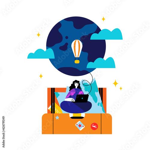 Lady chooses locations to visit while traveling aboard. Travel and tourism concept. Summer vacation trip. Travel agency tour. Concept of active recreation. Flat vector illustration in cartoon style