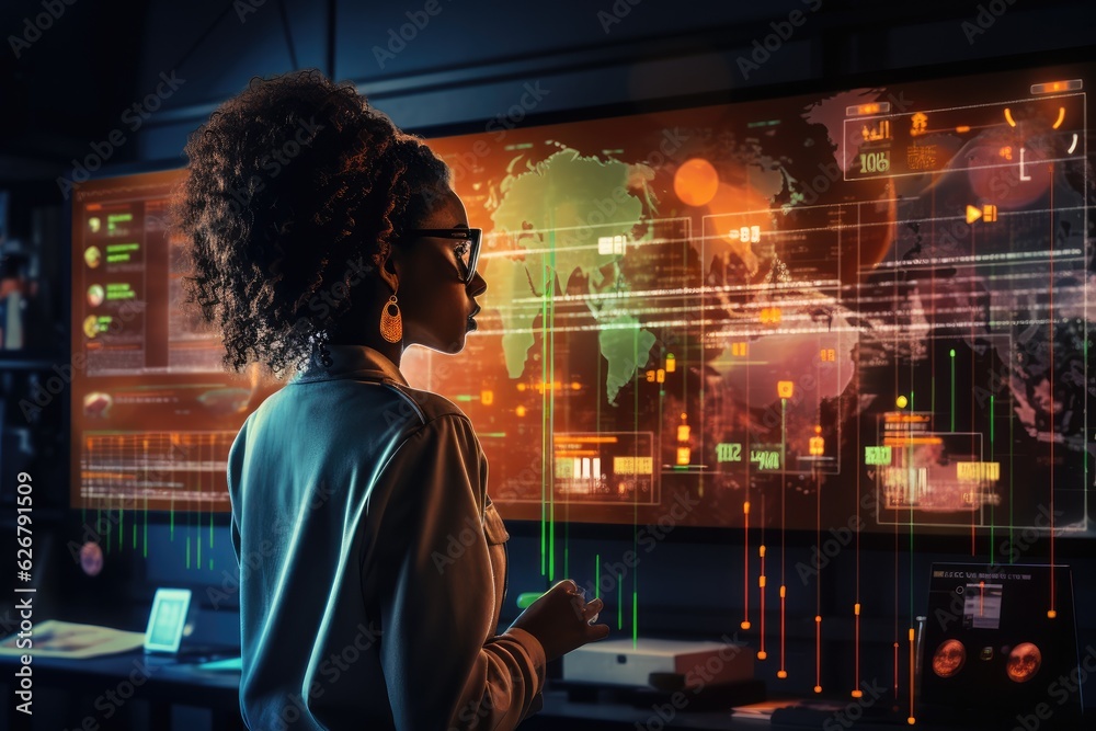 African Businesswoman working with data and tablet hologram with digital overlay for tech, statistics or stock market. generative ai African Businesswoman working with data and tablet hologram with digital overlay for tech, statistics or stock market. generative ai